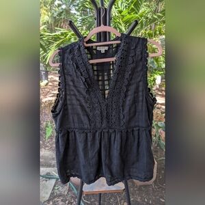 Black Lace Trim Sleeveless Top 100% Cotton